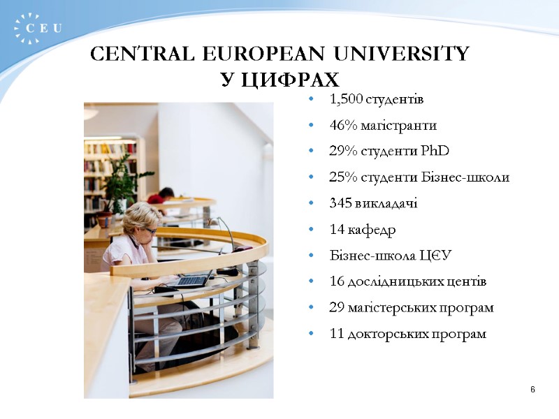 6 1,500 студентів  46% магістранти  29% студенти PhD  25% студенти Бізнес-школи